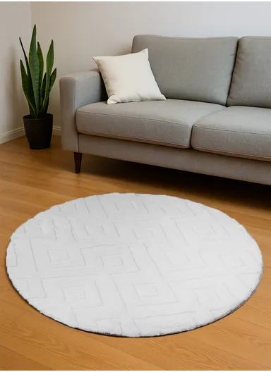 90cm Anti-Slip Round Luxurious Rabbit Fur Shaggy Rug Cozy, Soft &amp; Modern Decor - White