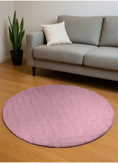 90cm Anti-Slip Round Luxurious Rabbit Fur Shaggy Rug Cozy, Soft &amp; Modern Decor - Pink