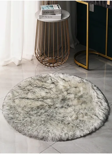 120cm Anti-Slip Round Modern Shaggy Mat With Long Hair - Off White &amp; Black
