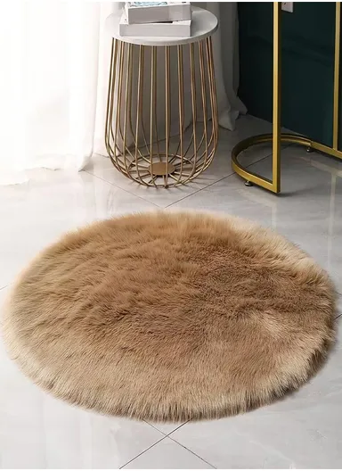120cm Anti-Slip Round Waffle Washable Faux Fur Rug Bubble Effect Design - Camel