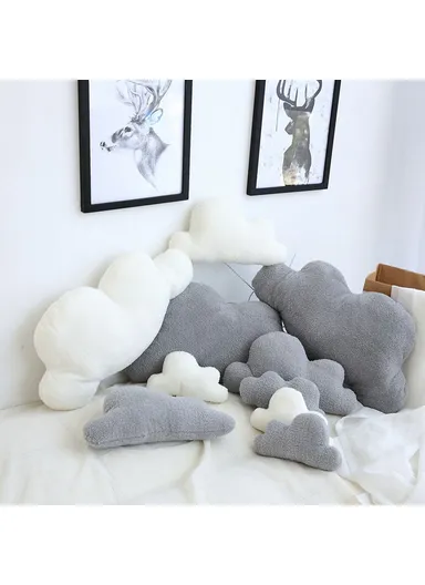 Cloud Shaped Short Plush Throw Pillow Stuffed Back Cushion for Bedroom Office, Size M - Grey
