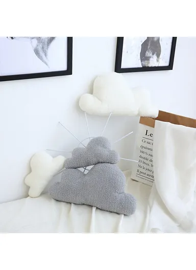 Cloud Shaped Short Plush Throw Pillow Stuffed Back Cushion for Bedroom Office, Size L - Grey