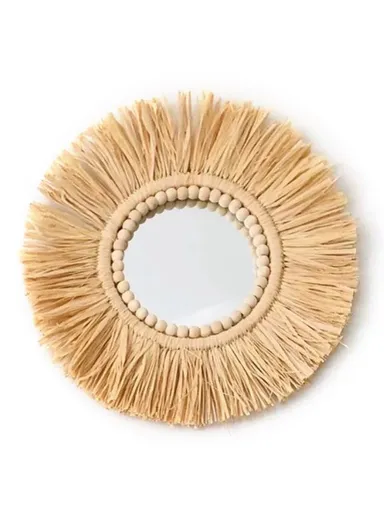 Living Room Raffia Hanging Mirror Moroccan Wood Beads Bedroom Wall Decoration - Round Raffia
