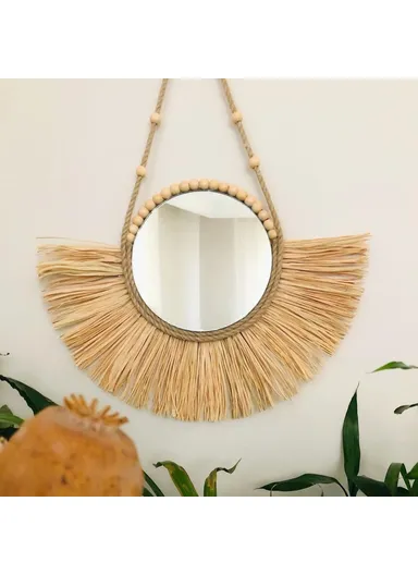 Living Room Raffia Hanging Mirror Moroccan Wood Beads Bedroom Wall Decoration - Semicircle Raffia + Hemp Rope