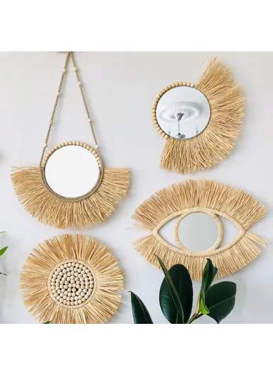Living Room Raffia Hanging Mirror Moroccan Wood Beads Bedroom Wall Decoration - Semicircle Raffia + Hemp Rope