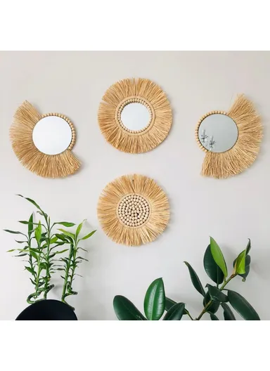Living Room Raffia Hanging Mirror Moroccan Wood Beads Bedroom Wall Decoration - Semicircle Raffia + Hemp Rope