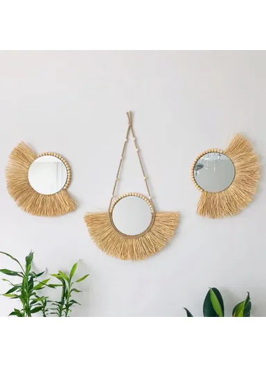 Living Room Raffia Hanging Mirror Moroccan Wood Beads Bedroom Wall Decoration - Semicircle Raffia + Hemp Rope