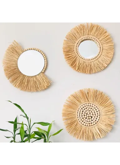 Living Room Raffia Hanging Mirror Moroccan Wood Beads Bedroom Wall Decoration - Semicircle Raffia + Hemp Rope