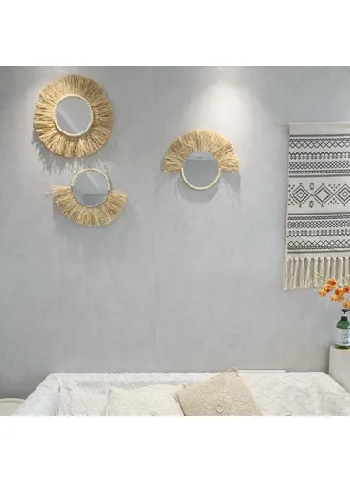 Living Room Raffia Hanging Mirror Moroccan Wood Beads Bedroom Wall Decoration - Semicircle Raffia + Hemp Rope