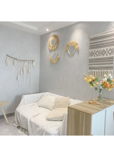 Living Room Raffia Hanging Mirror Moroccan Wood Beads Bedroom Wall Decoration - Semicircle Raffia + Hemp Rope