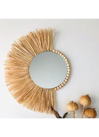 Living Room Raffia Hanging Mirror Moroccan Wood Beads Bedroom Wall Decoration - Semicircle Raffia