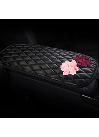 Anti-slip PU Leather Car Armrest Pad Vehicle Armrest Box Decorative Mat With Rose Flower Decor  - Black