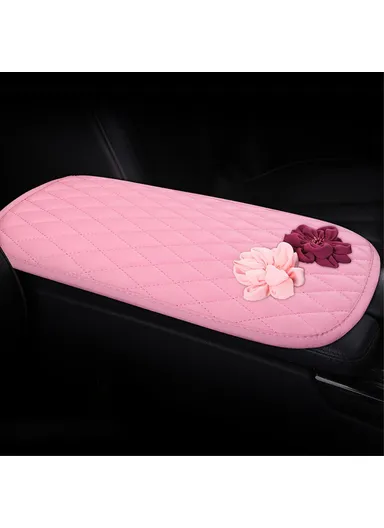 Anti-slip PU Leather Car Armrest Pad Vehicle Armrest Box Decorative Mat With Rose Flower Decor  - Pink