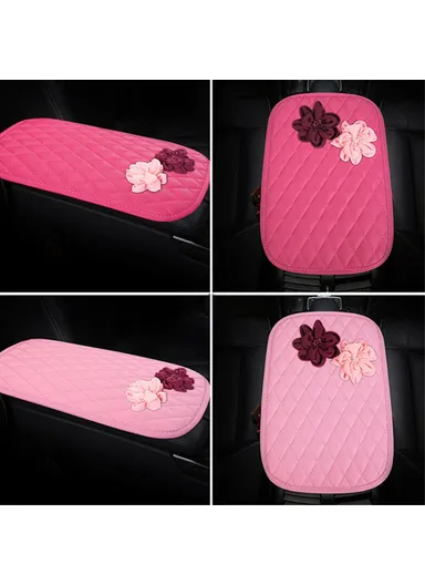 Anti-slip PU Leather Car Armrest Pad Vehicle Armrest Box Decorative Mat With Rose Flower Decor  - Pink