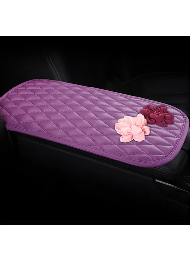 Anti-slip PU Leather Car Armrest Pad Vehicle Armrest Box Decorative Mat With Rose Flower Decor  - Purple