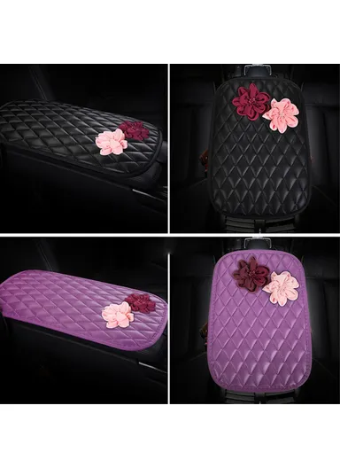 Anti-slip PU Leather Car Armrest Pad Vehicle Armrest Box Decorative Mat With Rose Flower Decor  - Purple