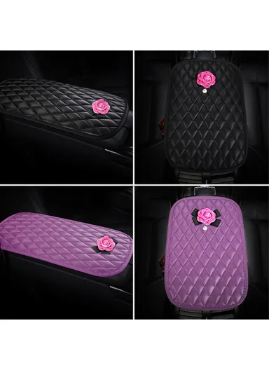 Camellia Design PU Leather Car Armrest Pad Auto Center Armrest Box Decorative Mat - Purple