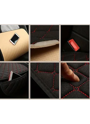 2 Sets Rhombus Embroidered Leather Car Front Seat Cushion + Backrest Pad Set - Black / White