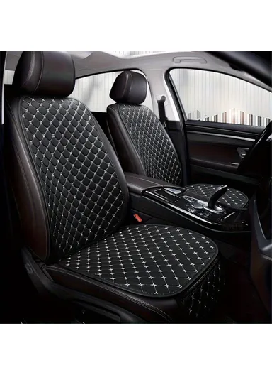 2 Sets Rhombus Embroidered Leather Car Front Seat Cushion + Backrest Pad Set - Black / White