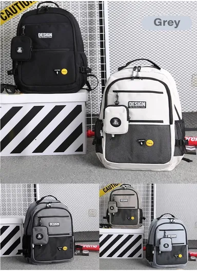 School Bag Large Capacity Waterproof With Decorative Pins - Grey