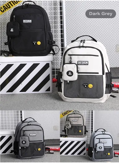 School Bag Large Capacity Waterproof With Decorative Pins - Dark Grey