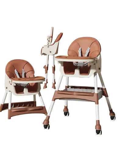 6-36 Month Baby High Chair, Dining Chair, Playtime Chair, Foldable Booster Seat With 360° Wheels, Safety Belt, Storage Bag &amp; Removable Double-Tray for Toddler &amp; Infant Y-HC401 (H97 x W65 x D73)cm - Coffee