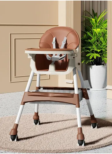 6-36 Month Baby High Chair, Dining Chair, Playtime Chair, Foldable Booster Seat With 360° Wheels, Safety Belt, Storage Bag &amp; Removable Double-Tray for Toddler &amp; Infant Y-HC401 (H97 x W65 x D73)cm - Coffee