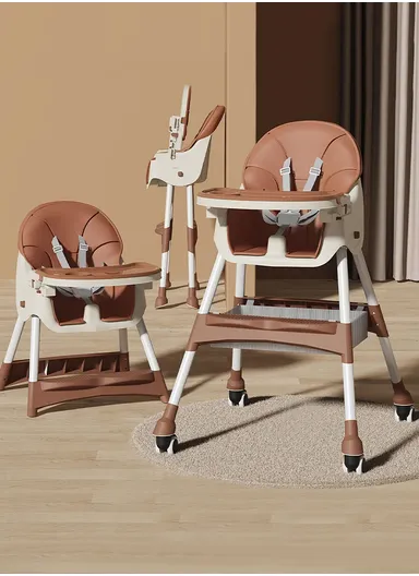 6-36 Month Baby High Chair, Dining Chair, Playtime Chair, Foldable Booster Seat With 360° Wheels, Safety Belt, Storage Bag &amp; Removable Double-Tray for Toddler &amp; Infant Y-HC401 (H97 x W65 x D73)cm - Coffee