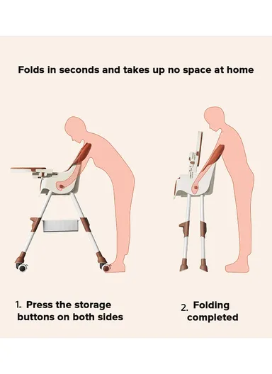 6-36 Month Baby High Chair, Dining Chair, Playtime Chair, Foldable Booster Seat With 360° Wheels, Safety Belt, Storage Bag &amp; Removable Double-Tray for Toddler &amp; Infant Y-HC401 (H97 x W65 x D73)cm - Coffee