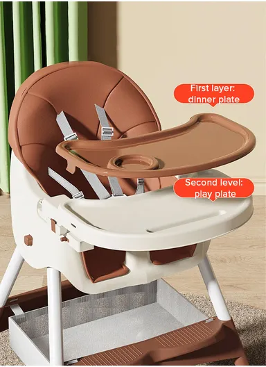 6-36 Month Baby High Chair, Dining Chair, Playtime Chair, Foldable Booster Seat With 360° Wheels, Safety Belt, Storage Bag &amp; Removable Double-Tray for Toddler &amp; Infant Y-HC401 (H97 x W65 x D73)cm - Coffee