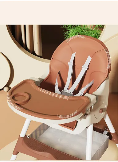 6-36 Month Baby High Chair, Dining Chair, Playtime Chair, Foldable Booster Seat With 360° Wheels, Safety Belt, Storage Bag &amp; Removable Double-Tray for Toddler &amp; Infant Y-HC401 (H97 x W65 x D73)cm - Coffee