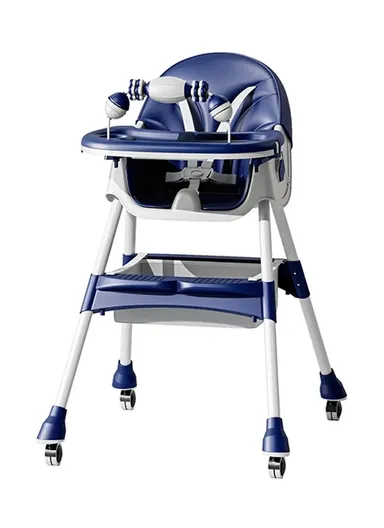 6-36 Month Baby High Chair, Dining Chair, Playtime Chair, Foldable Booster Seat With 360° Wheels, Safety Belt, Storage Bag &amp; Removable Double-Tray for Toddler &amp; Infant Y-HC322 (H95 x W65 x D70)cm - Blue