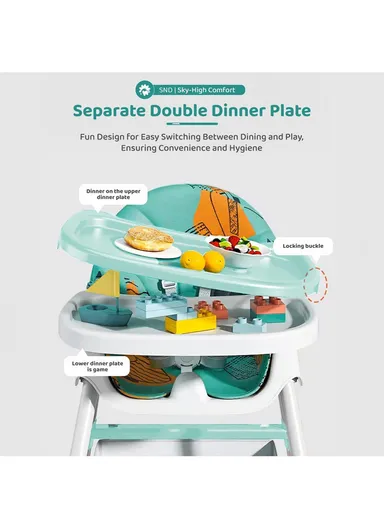 6-36 Month Baby High Chair, Dining Chair, Playtime Chair, Foldable Booster Seat With 360° Wheels, Safety Belt, Storage Bag &amp; Removable Double-Tray for Toddler &amp; Infant Y-HC322 (H95 x W65 x D70)cm - Blue