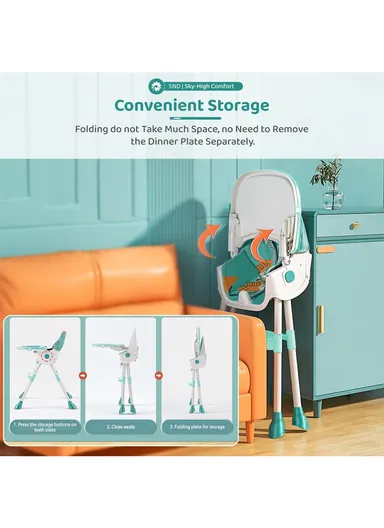 6-36 Month Baby High Chair, Dining Chair, Playtime Chair, Foldable Booster Seat With 360° Wheels, Safety Belt, Storage Bag &amp; Removable Double-Tray for Toddler &amp; Infant Y-HC322 (H95 x W65 x D70)cm - Pink