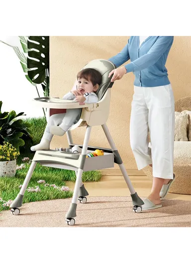 6-36 Month Baby High Chair, Dining Chair, Playtime Chair, Foldable Booster Seat With 360° Wheels, Safety Belt, Storage Bag &amp; Removable Double-Tray for Toddler &amp; Infant Y-HC322 (H95 x W65 x D70)cm - Pink