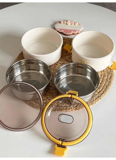 1.4L Double-Layer 304 Stainless Steel Inner Material Lunch Box 493 (D14.5 x H16)cm - Yellow