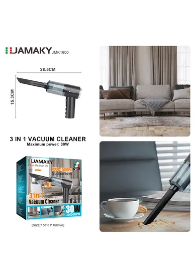 3-in-1 30W Blow &amp; Suction Vacuum Cleaner, 1800mAh Rechargeable Vacuum Cleaner with 1L Capacity, 30000rpm Cleaner with 3 Nozzles JMK1600