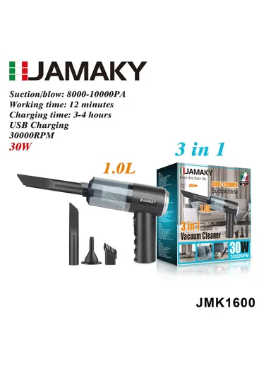 3-in-1 30W Blow &amp; Suction Vacuum Cleaner, 1800mAh Rechargeable Vacuum Cleaner with 1L Capacity, 30000rpm Cleaner with 3 Nozzles JMK1600