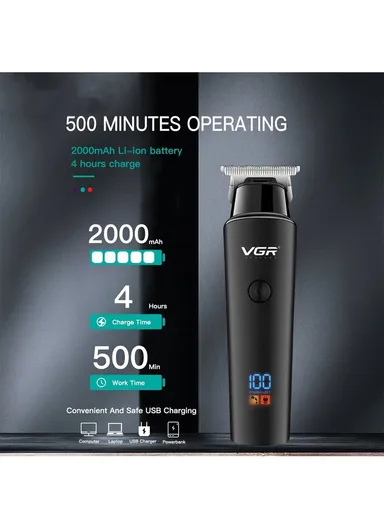 2000mAh Professional Cord Cordless Hair Clipper &amp; Beard Trimmer with Runtime 500 Minutes For Men V-937- Black