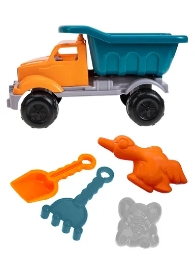 5Pcs Sand Truck &amp; Accessories Fork Spade Beach Garden Toy Kids Play Set- Orange