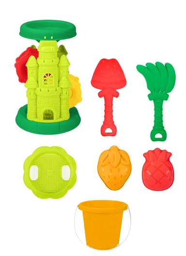 7Pcs Set Beach Toy Set with Special Windmill, Shovel &amp; Bucket For Kids- Orange