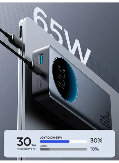 20000mAh 65W Fast Charging Power Bank Digital Display Phone Battery Charger with Type-C Cable - Black