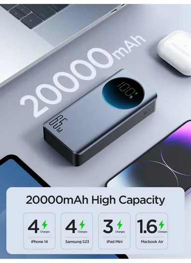 20000mAh 65W Fast Charging Power Bank Digital Display Phone Battery Charger with Type-C Cable - Black