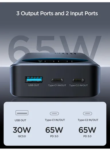 20000mAh 65W Fast Charging Power Bank Digital Display Phone Battery Charger with Type-C Cable - Black