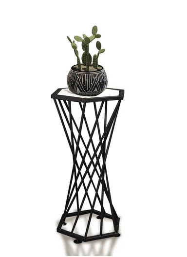 Hexagonal Plant Flower Pot Stand with Wooden Shelf, Plant Holder, Plant Display Rack for Balcony, Home, Offices, Hotels &amp; Decorations  (W30 x D34 x H53)cm - Black