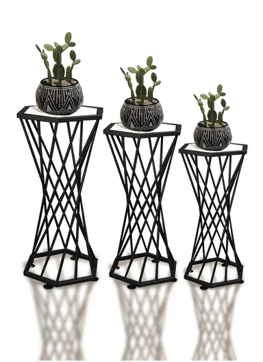 Hexagonal Plant Flower Pot Stand with Wooden Shelf, Plant Holder, Plant Display Rack for Balcony, Home, Offices, Hotels &amp; Decorations  (W30 x D34 x H53)cm - Black