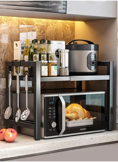 Extendable 2 Tier Elegant &amp; Easy To Assemble Microwave Organization Rack For Kitchen (W40-60 x D36 x H46)cm - Black