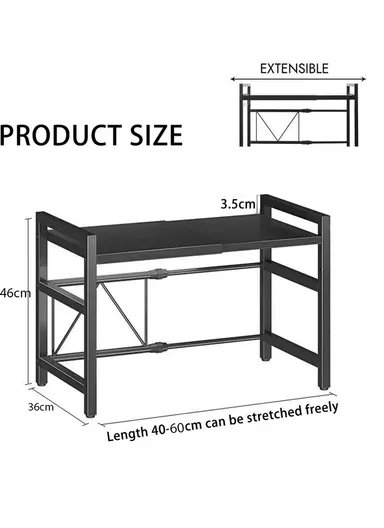 Extendable 2 Tier Elegant &amp; Easy To Assemble Microwave Organization Rack For Kitchen (W40-60 x D36 x H46)cm - Black