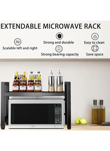 Extendable 2 Tier Elegant &amp; Easy To Assemble Microwave Organization Rack For Kitchen (W40-60 x D36 x H46)cm - Black