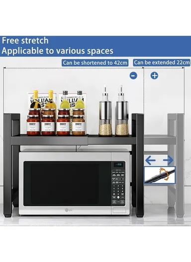 Extendable 2 Tier Elegant &amp; Easy To Assemble Microwave Organization Rack For Kitchen (W40-60 x D36 x H46)cm - Black